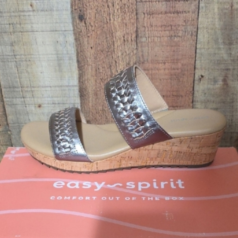 Easy Spirit Silver Metallic Two-Band Cork Wedge Slide